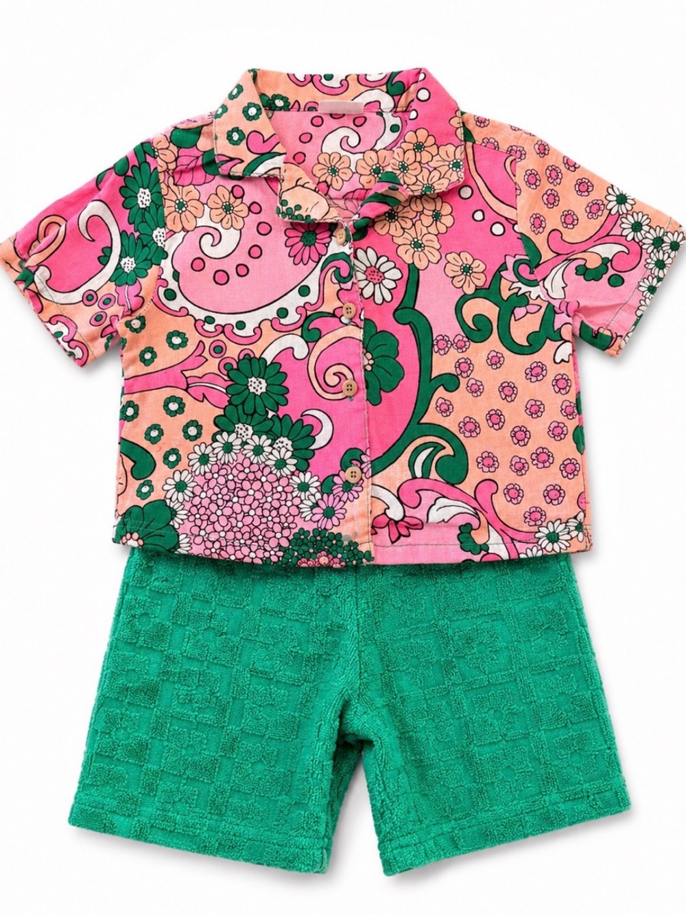 Cotton On Pink, Green & Peach Floral Button-Down Shirt and Green Biker shorts